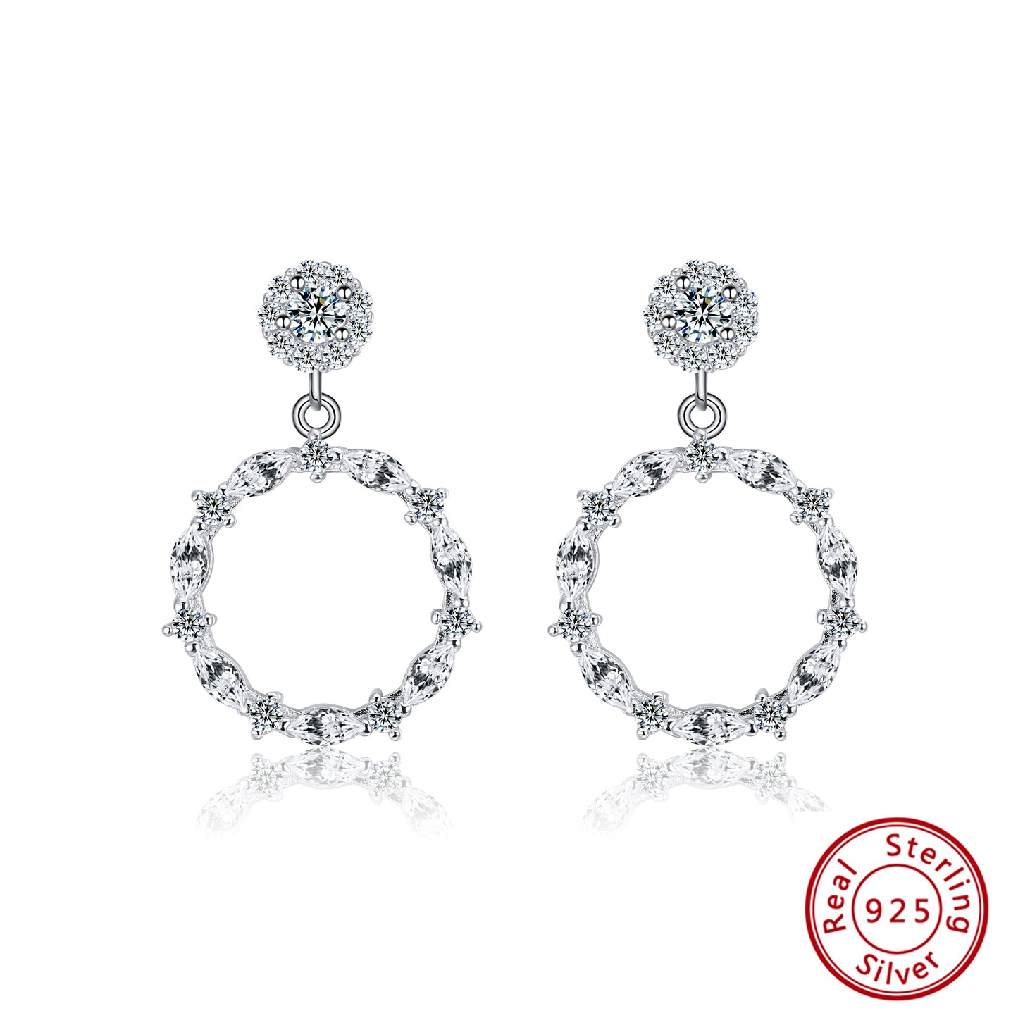 rhodium plated round design earrings, silver sterling round design earrings